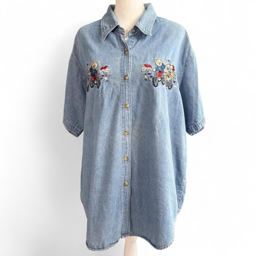 Vintage 90s Quizz Teddy Bear Denim Shirt Size 18 Cute Embroidered